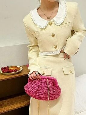 Savanna Women's Straw Crossbody Clutch Pouch Woven Bag Pink